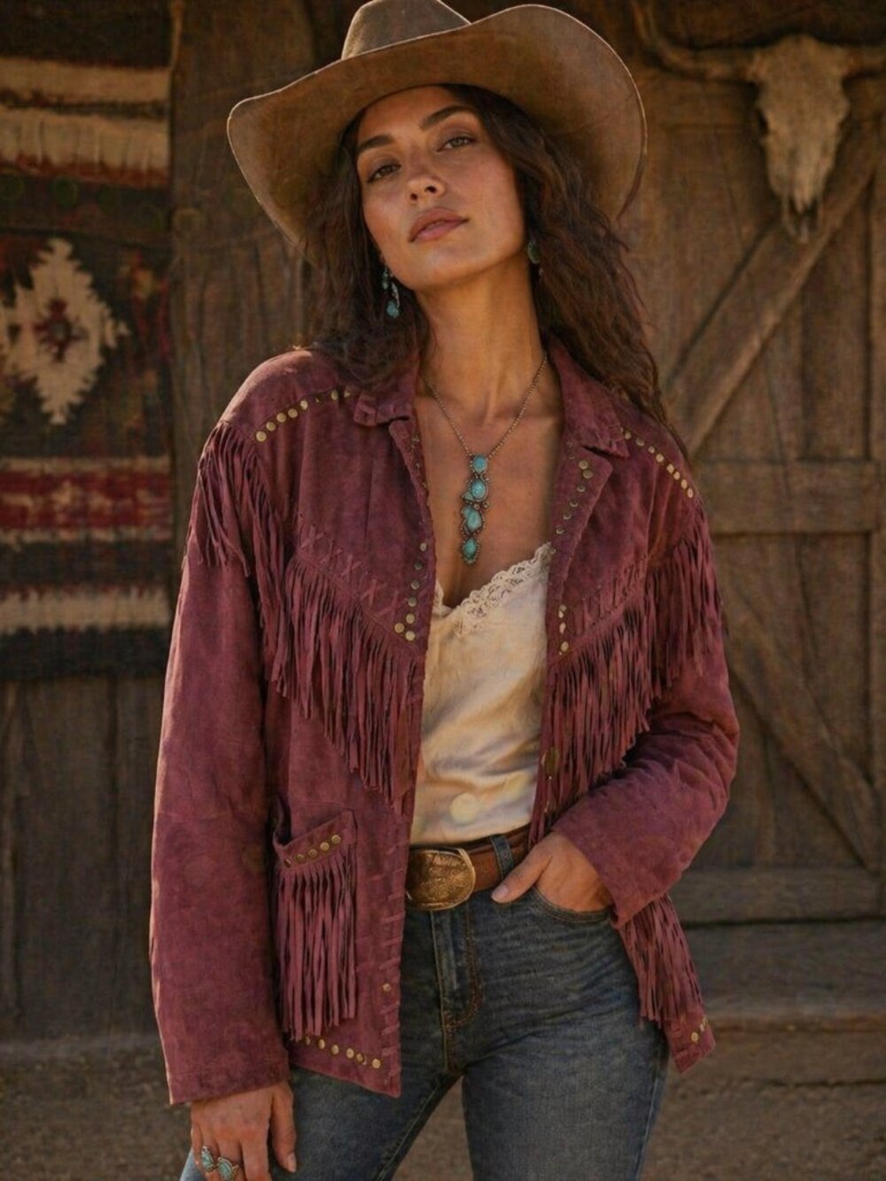 Nasty Gal Suede Leather Fringe Jacket Western Beaded Burgundy Festival Boho 6